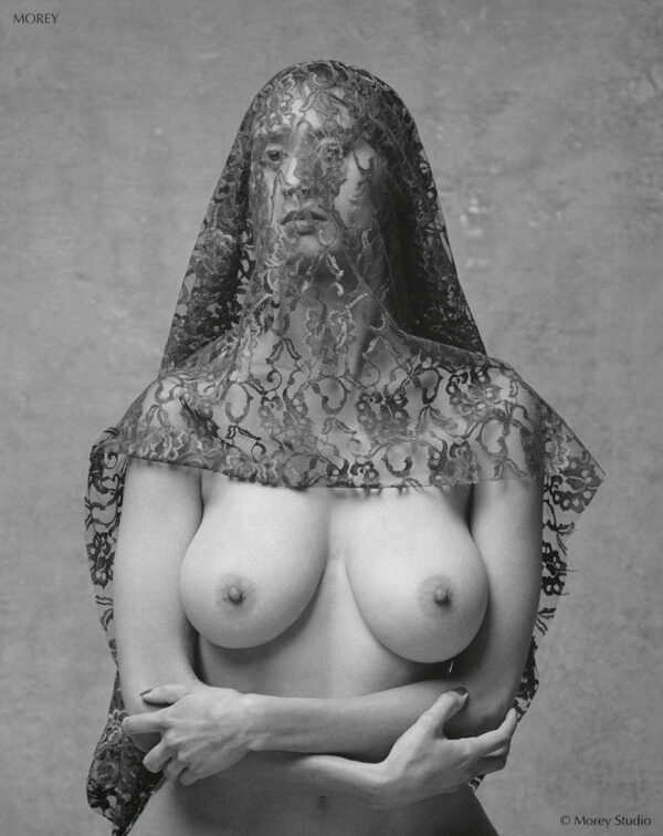 Fine-Art-BW-Nude-Natalie-8110107-signed-photograph-by-Craig-Morey-150837507123 Nude woman with large breasts, lace shawl over head, Natalie, b&w photo by Craig Morey