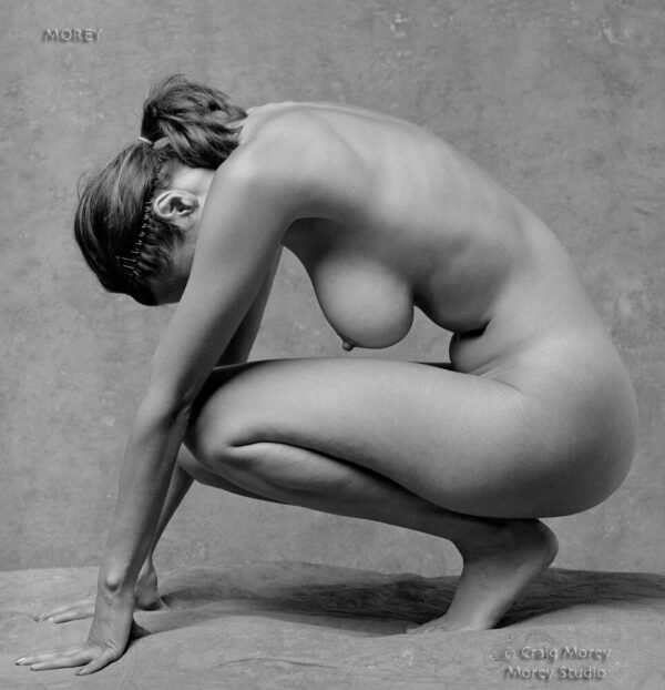 BW-Fine-Art-Nude-Model-Natalie-8142549-signed-photo-by-Craig-Morey-150372091617 Nude woman crouched in studio, profile, Natalie b&w photo by Craig Morey